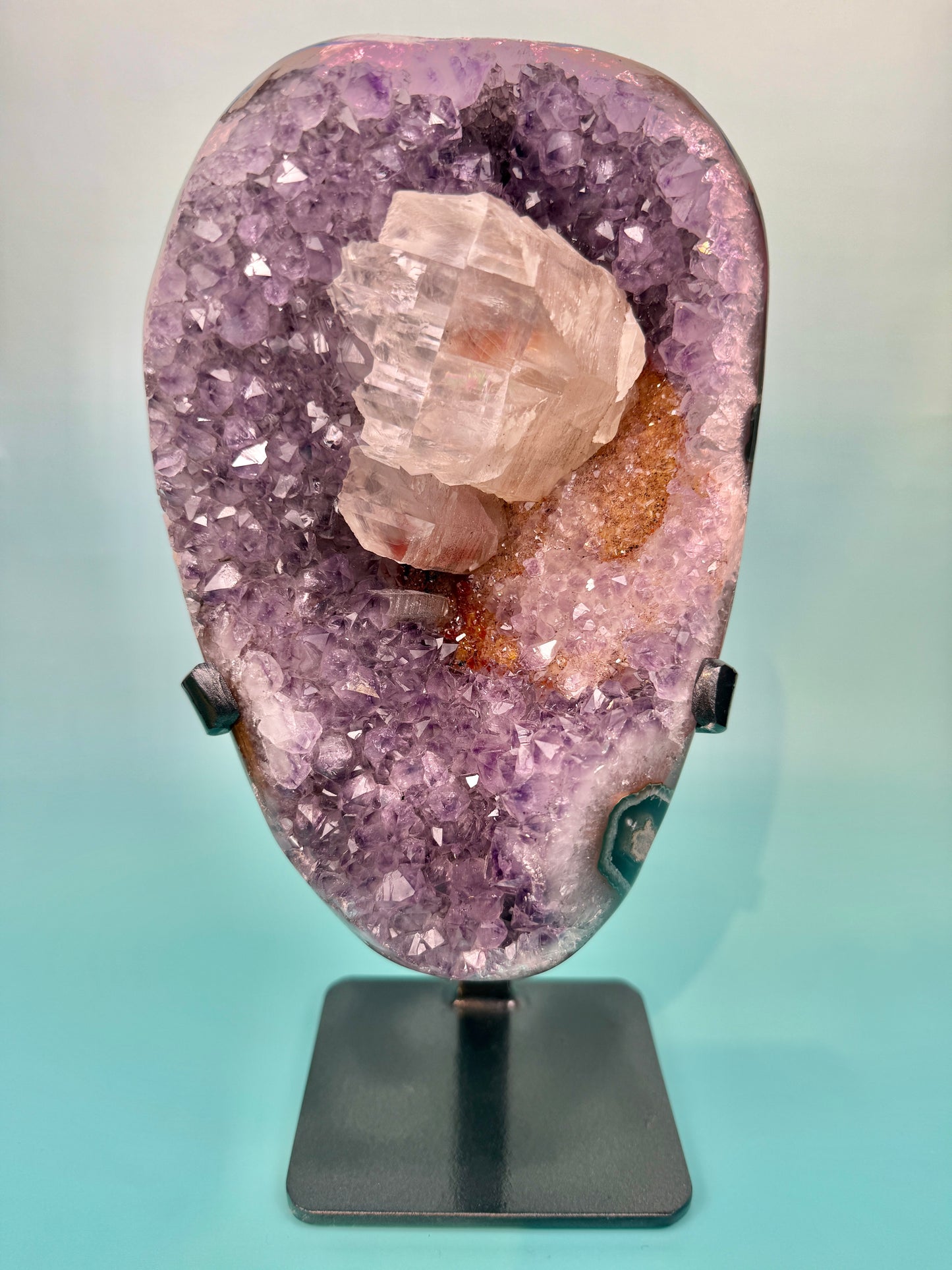 Statement juicy purple Uruguay amethyst with orange color and big calcite inclusion (comes with stand)