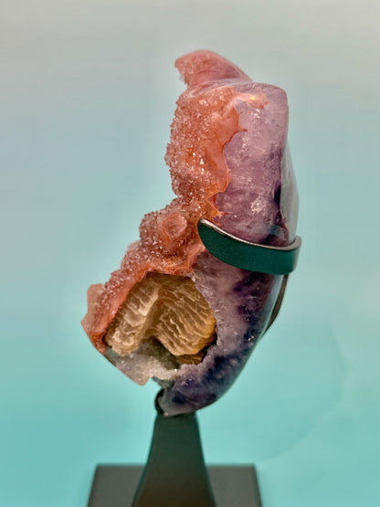 Collectors!! Orange encrusted purple amethyst with calcite inclusion from Uruguay on stand