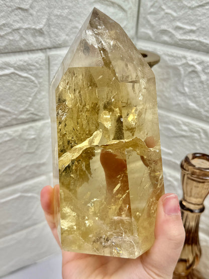 XL rainbow filled collectors natural champagne Citrine tower from Brazil