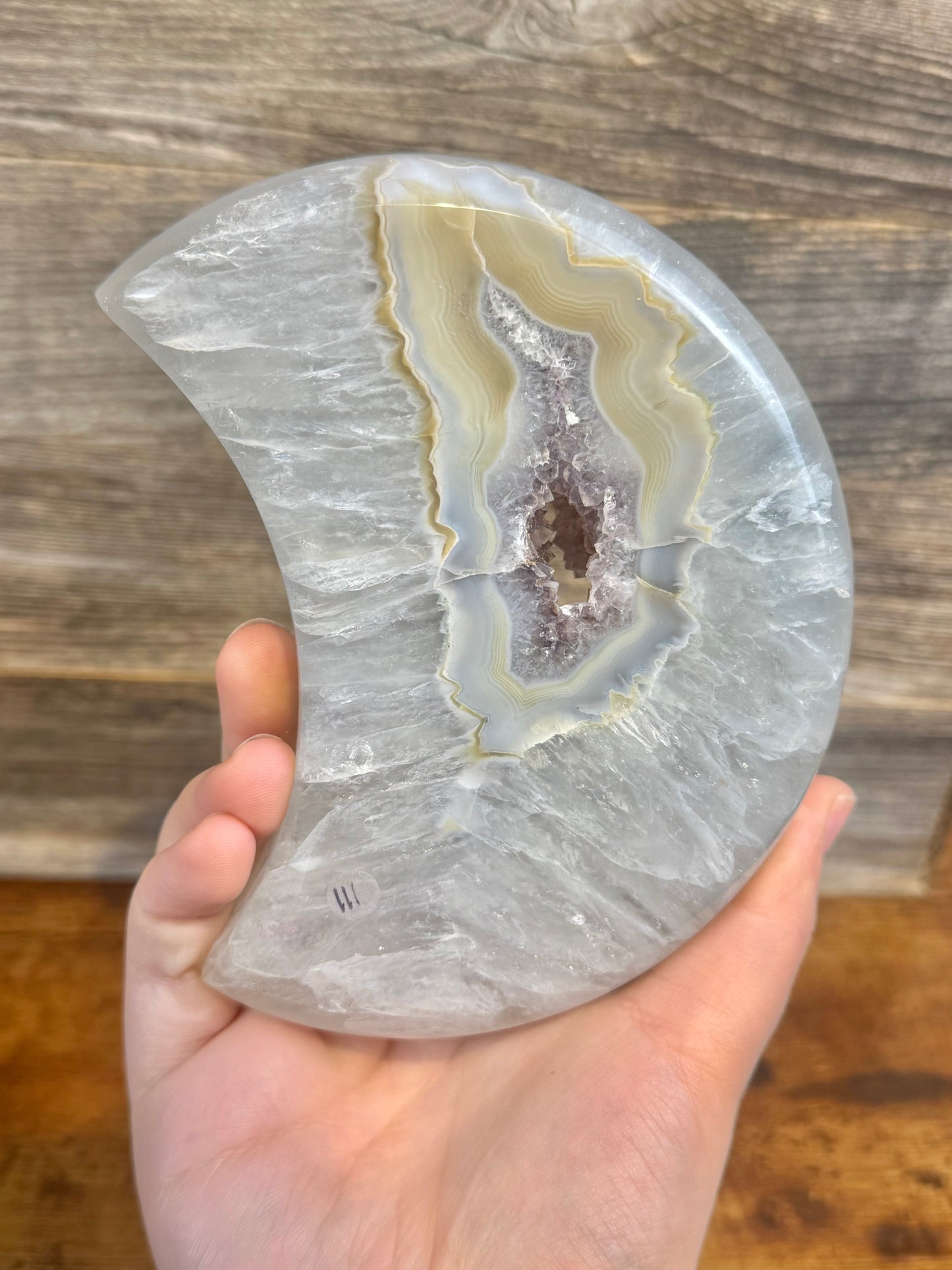 XL druzy agate moon with amethyst on stand from Brazil