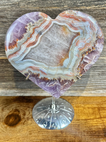 You pick! Amethyst x crazy lace agate heart on silver zodiac stand