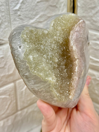 Incredible statement green amethyst x quartz heart on stand from Brazil