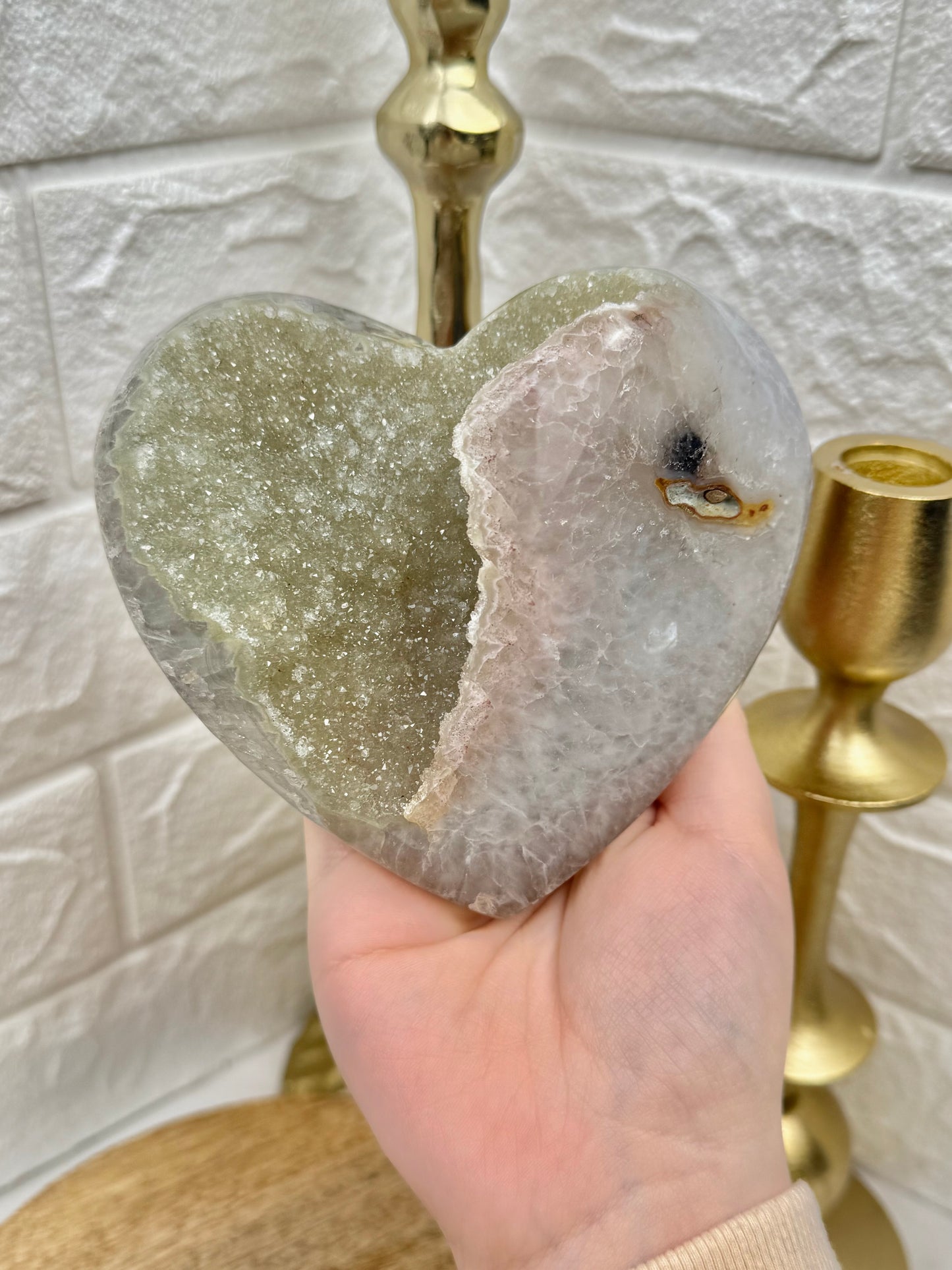 Incredible statement green amethyst x quartz heart on stand from Brazil