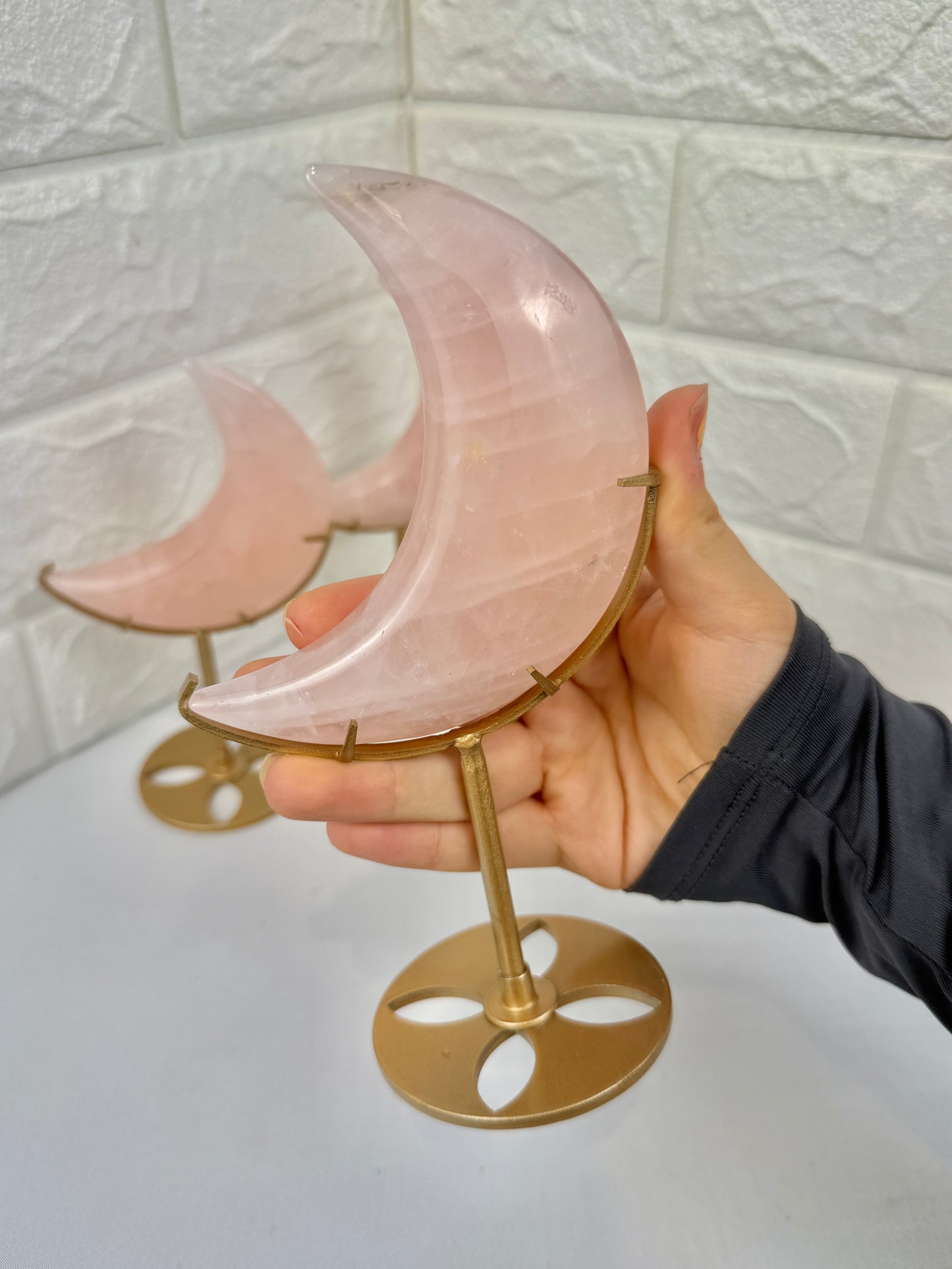 1 juicy rose quartz moon on gold stand