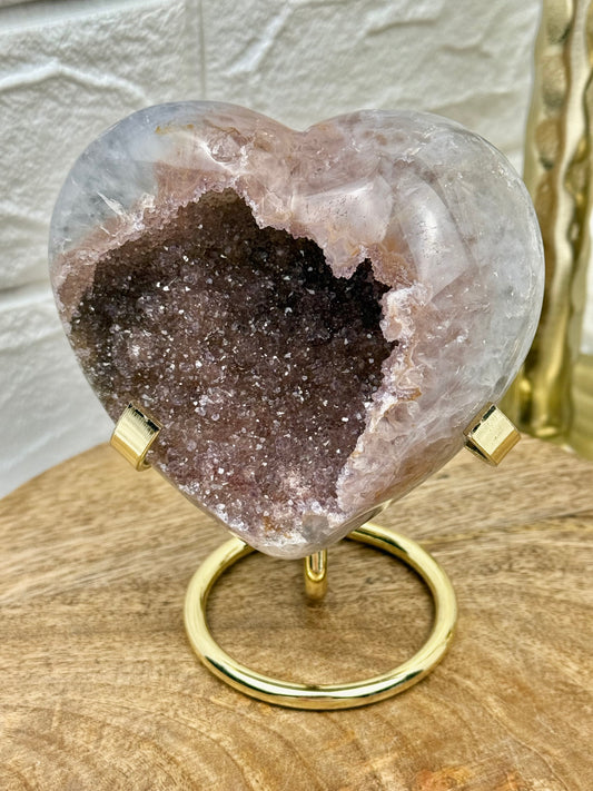 Amazing champagne amethyst heart with quartz on gold stand from Brazil