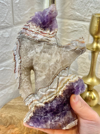 Insane statement amethyst x crazy lace agate lizard on tree branch carving