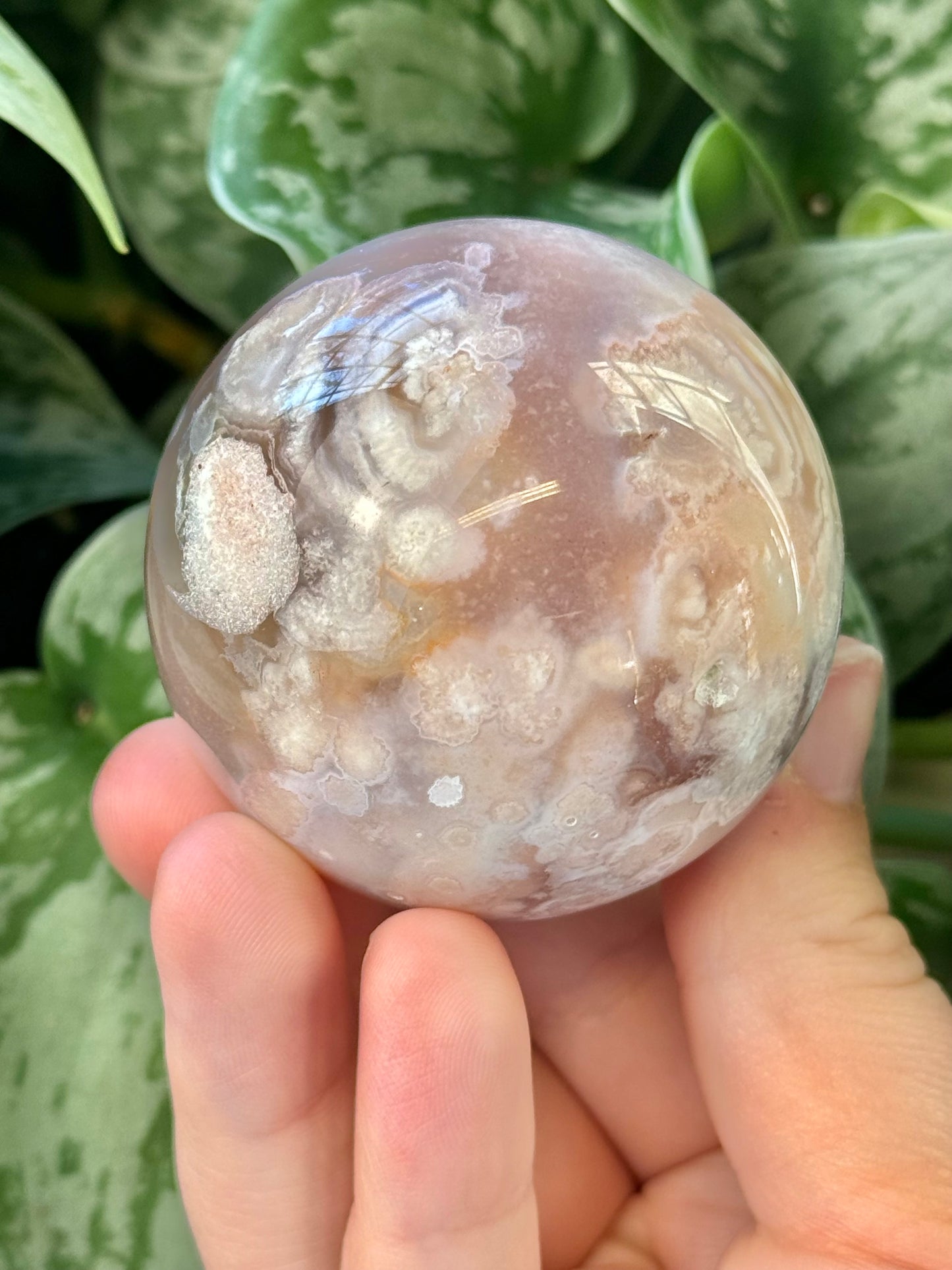 Pink amethyst x flower agate sphere G