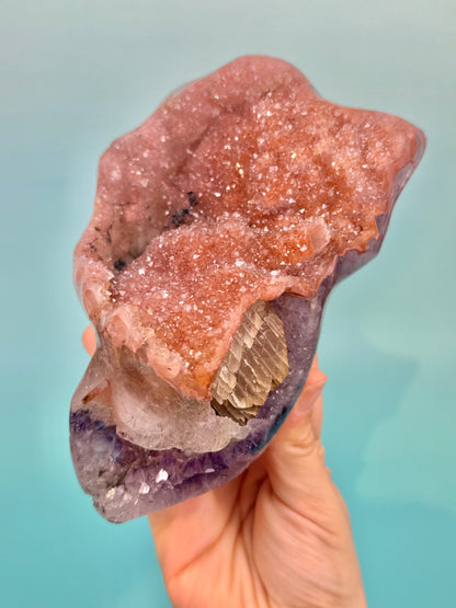 Collectors!! Orange encrusted purple amethyst with calcite inclusion from Uruguay on stand