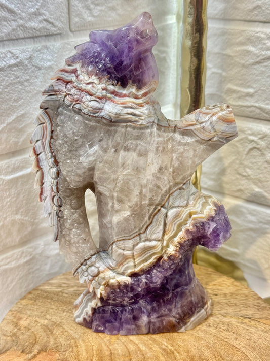 Insane statement amethyst x crazy lace agate lizard on tree branch carving