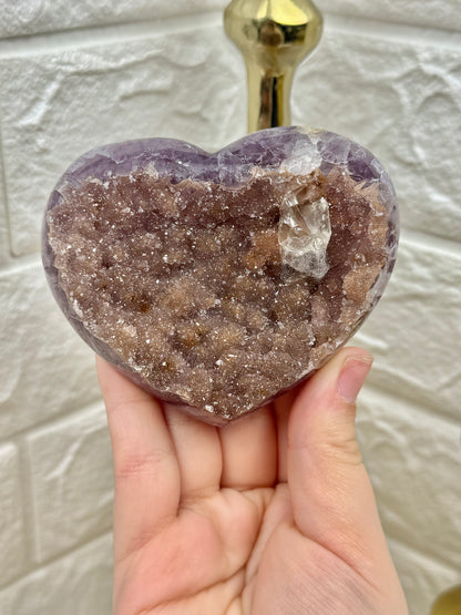 Incredible amethyst heart with calcite on gold stand from Brazil