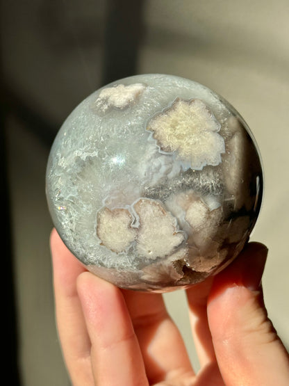 Chlorite included flower agate sphere