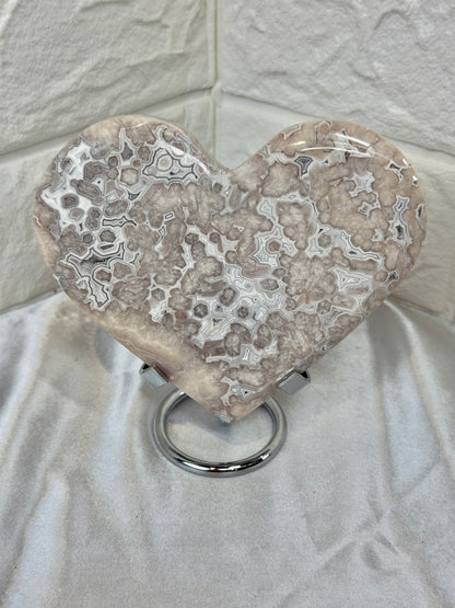 Incredible banded pink amethyst heart on stand