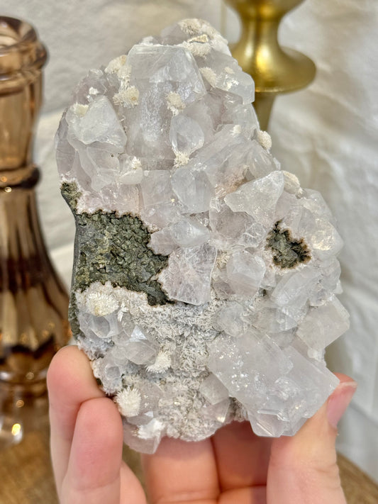 Pale rose apophyllite with mordenite from India