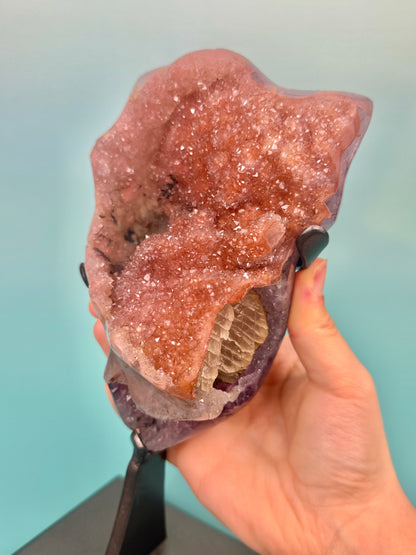 Collectors!! Orange encrusted purple amethyst with calcite inclusion from Uruguay on stand