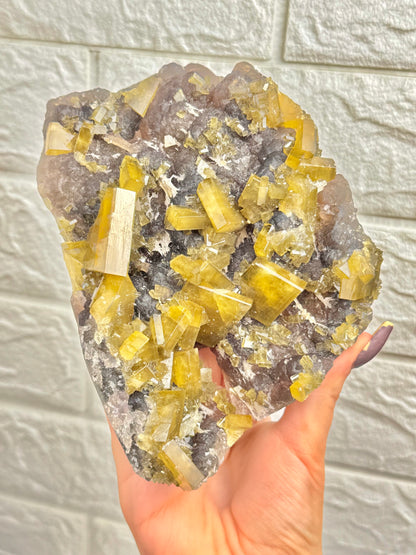 You pick! Incredible yellow barite on purple fluorite from China