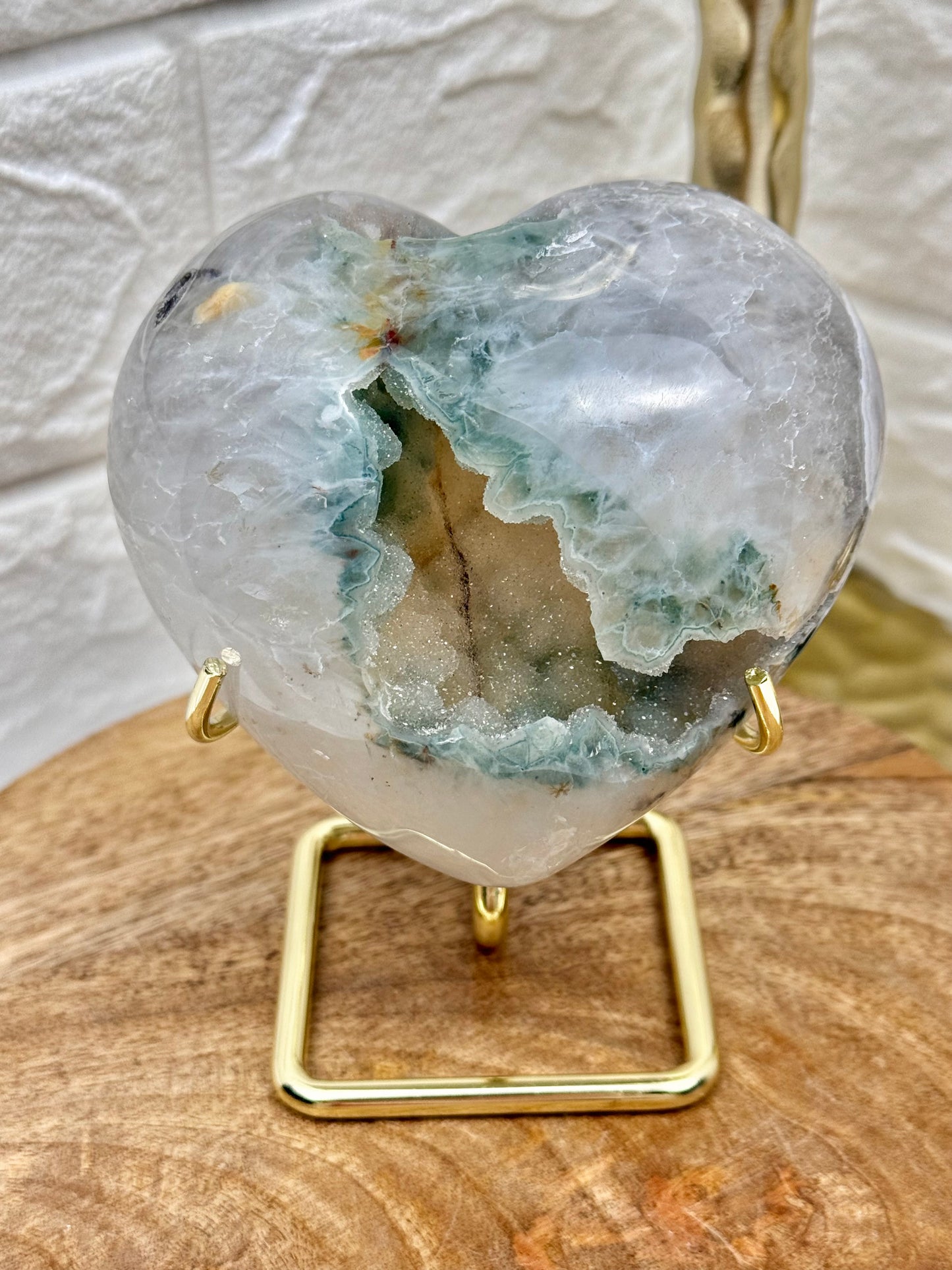 Stunning sugary green amethyst heart with quartz on stand from Brazil