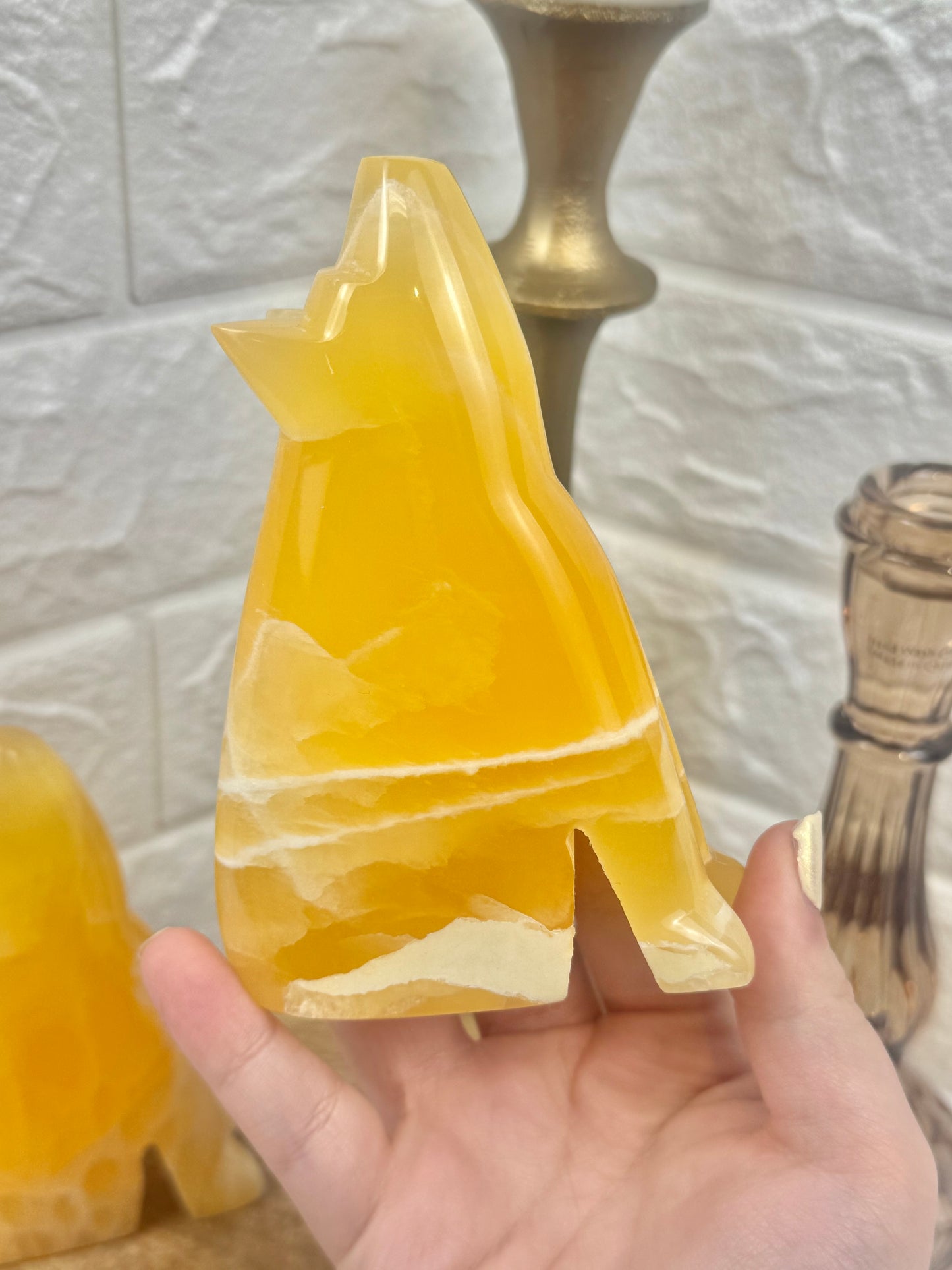 1 juicy honey comb calcite wolf carving from Utah