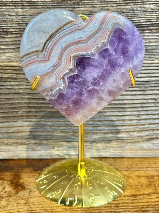 Amethyst x crazy lace agate heart on gold zodiac stand B