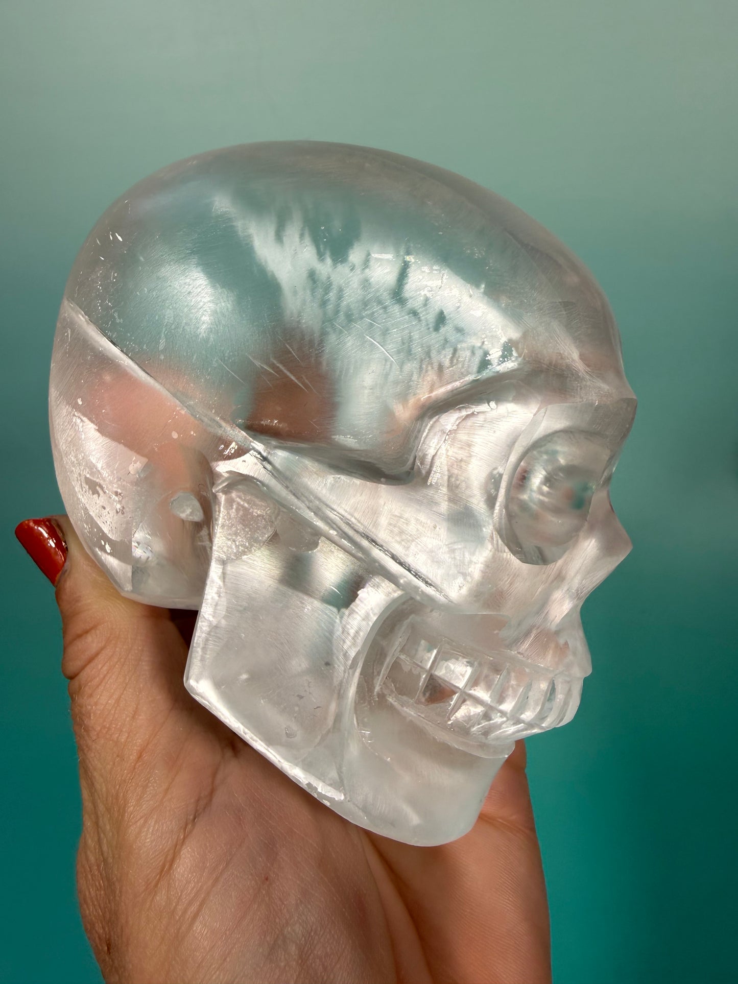 Stunning satin spar skull carving A