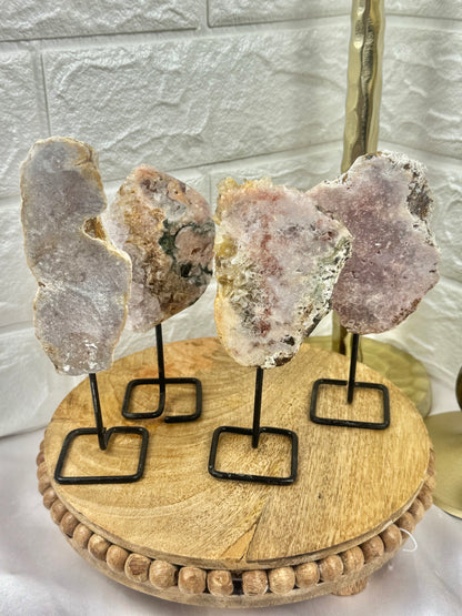 1 intuitive mini pink amethyst slab on stand from Brazil