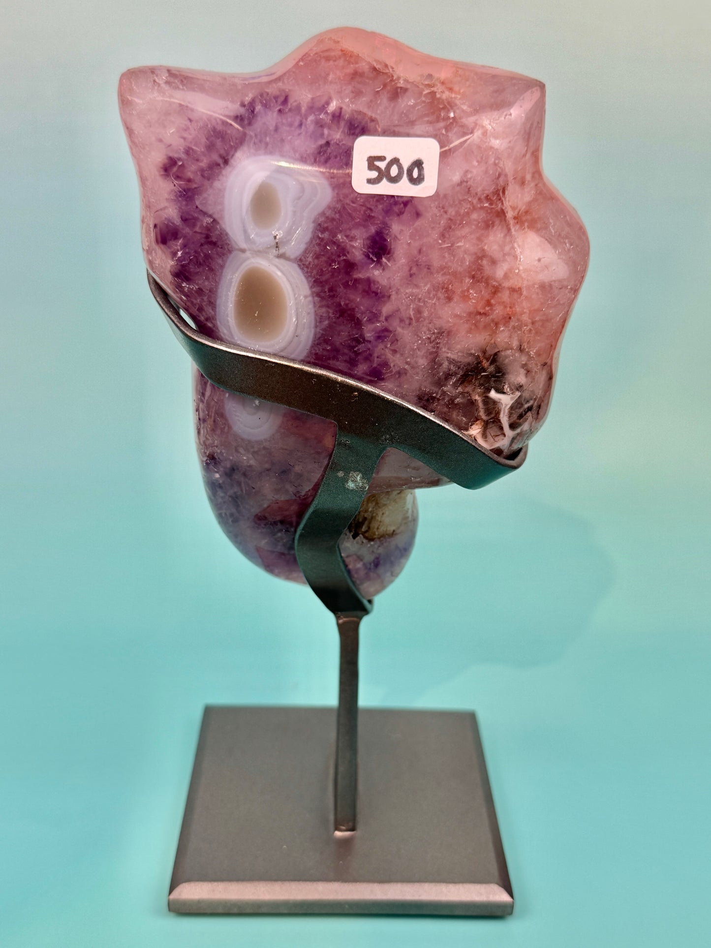 Collectors!! Orange encrusted purple amethyst with calcite inclusion from Uruguay on stand