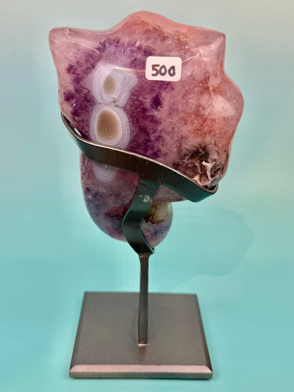 Collectors!! Orange encrusted purple amethyst with calcite inclusion from Uruguay on stand