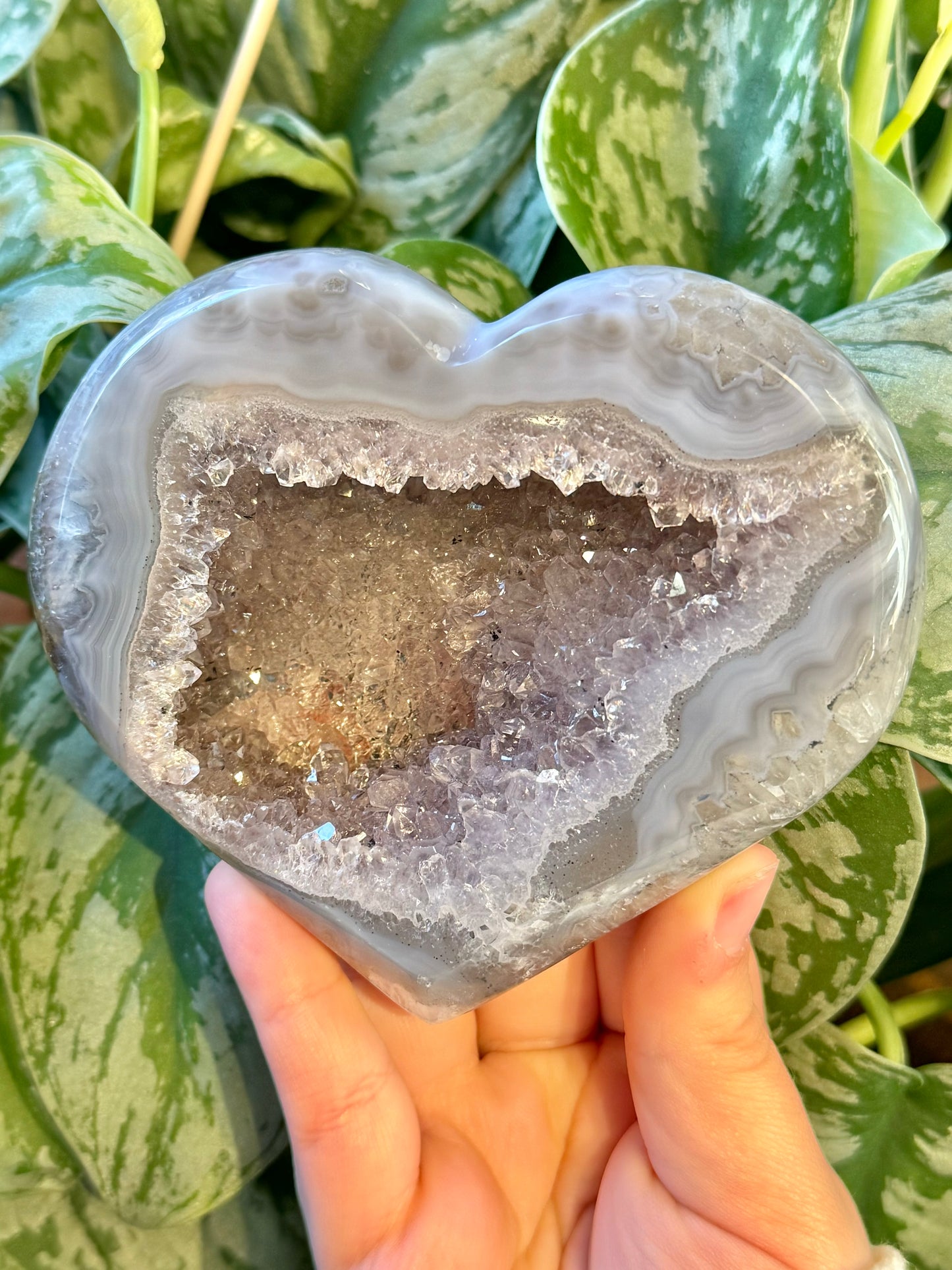 Beautiful druzy agate heart on gold stand from Brazil M