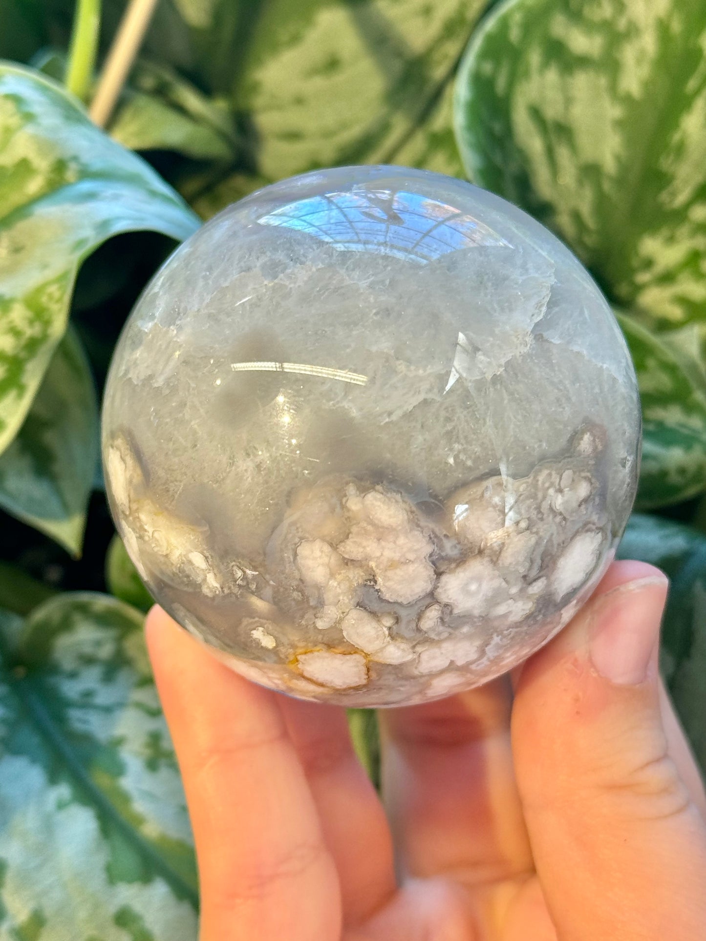 Chlorite included flower agate sphere