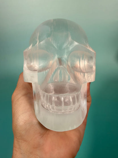 Incredible satin spar skull carving C