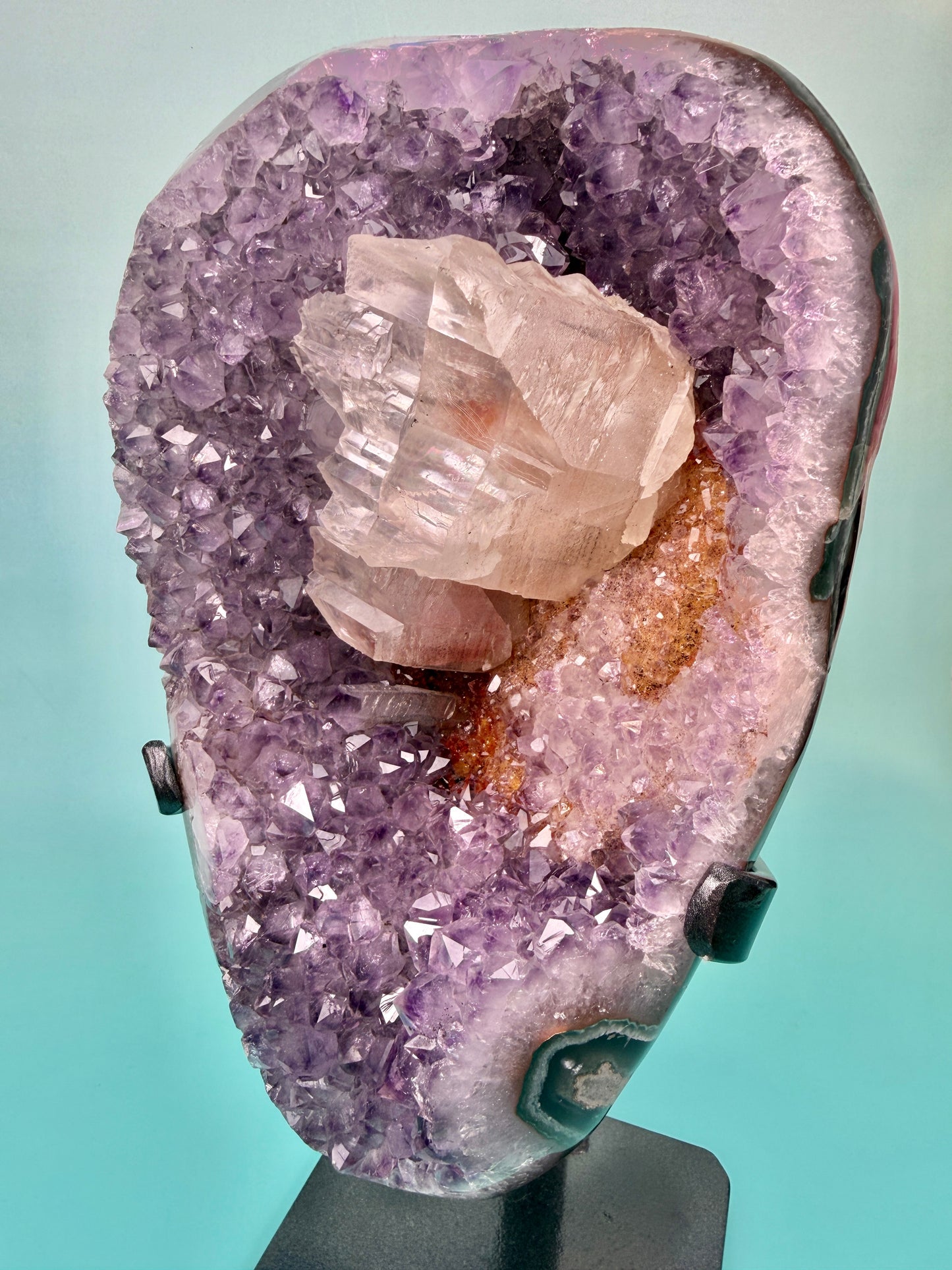 Statement juicy purple Uruguay amethyst with orange color and big calcite inclusion (comes with stand)