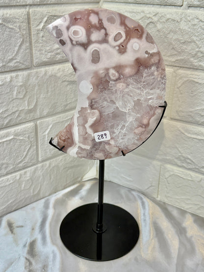 Insane XL pink amethyst x flower agate moon on custom stand with druzy