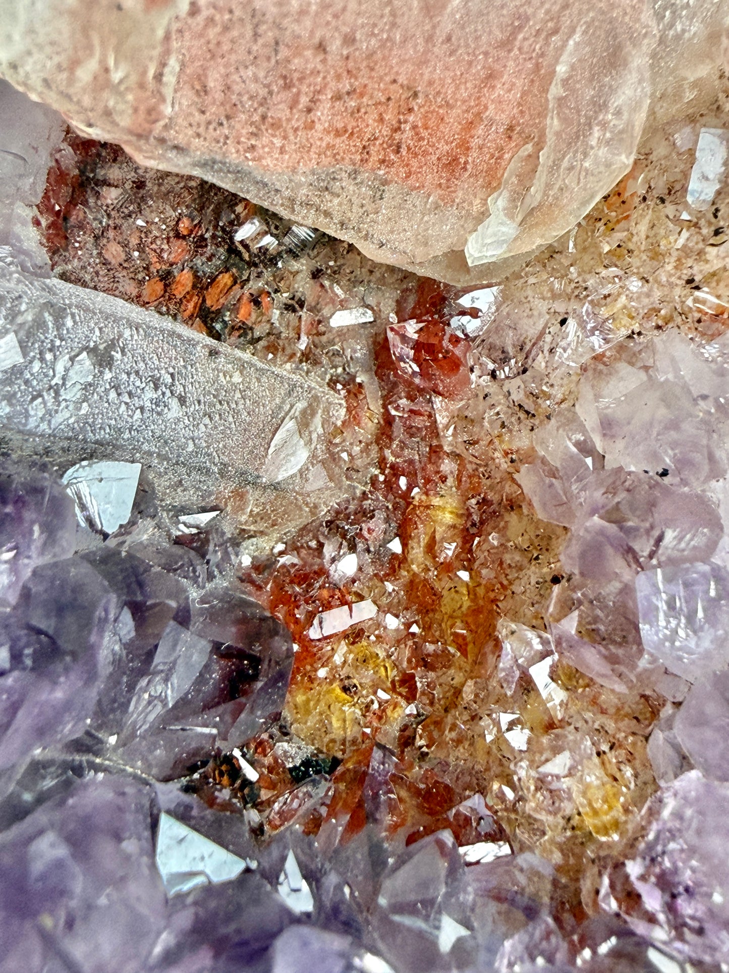 Statement juicy purple Uruguay amethyst with orange color and big calcite inclusion (comes with stand)