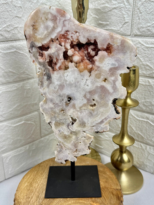 Pastel druzy pink amethyst slab on stand from Brazil