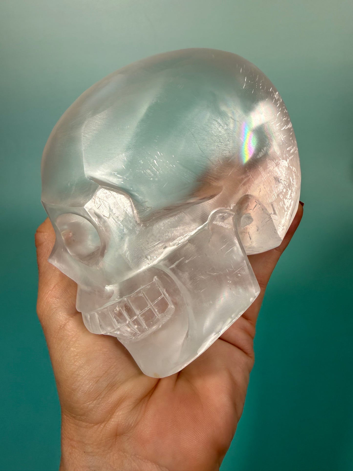 Incredible satin spar skull carving C