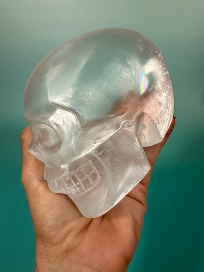 Incredible satin spar skull carving C