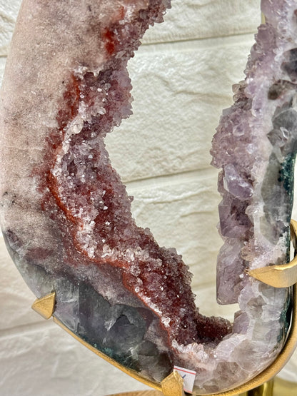 Stunning purple/red/pink amethyst portal on gold stand from Brazil