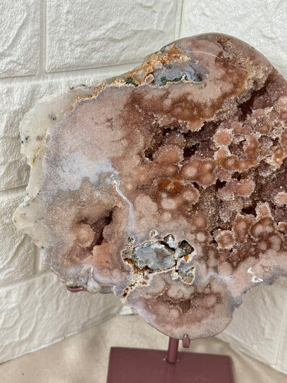Druzy pink amethyst slab on rose gold stand from Brazil