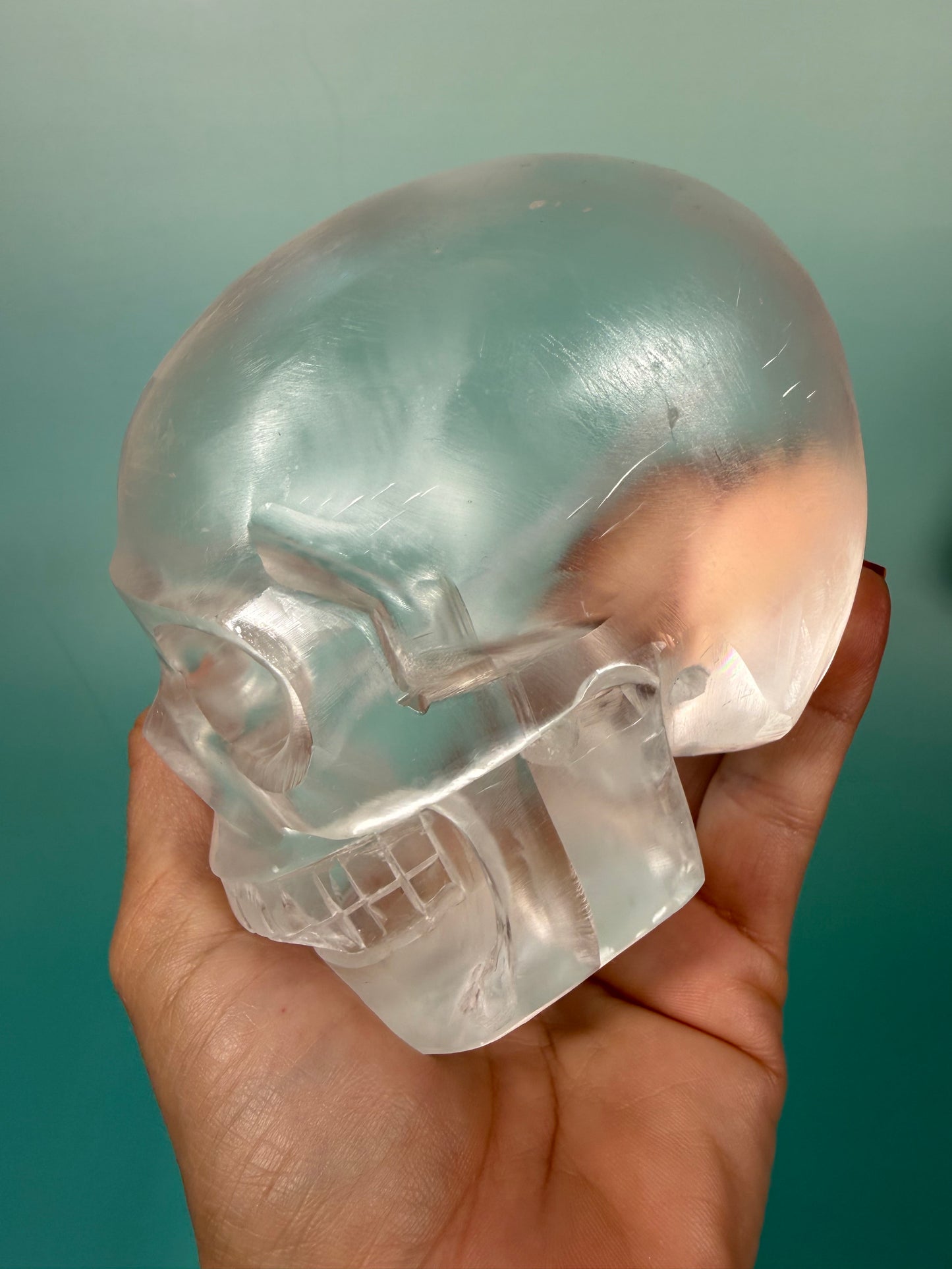 Stunning satin spar skull carving A