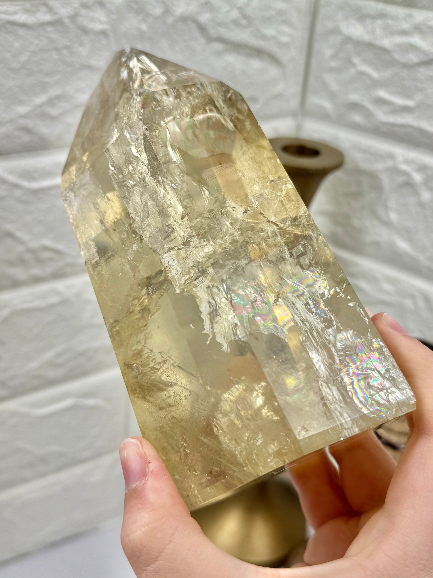 XL rainbow filled collectors natural champagne Citrine tower from Brazil