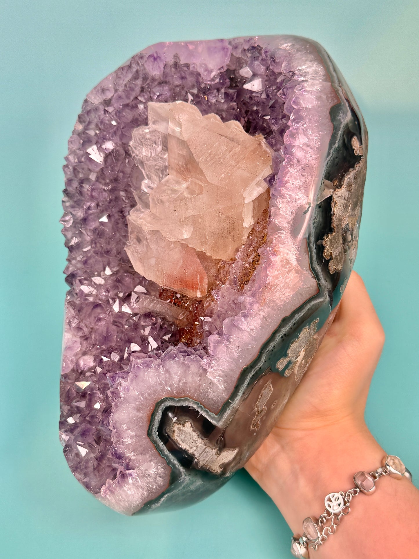 Statement juicy purple Uruguay amethyst with orange color and big calcite inclusion (comes with stand)