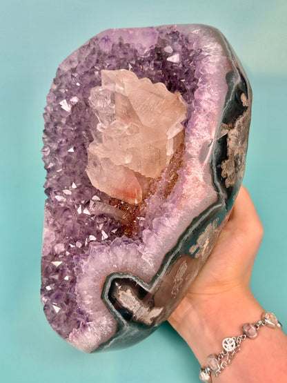 Statement juicy purple Uruguay amethyst with orange color and big calcite inclusion (comes with stand)