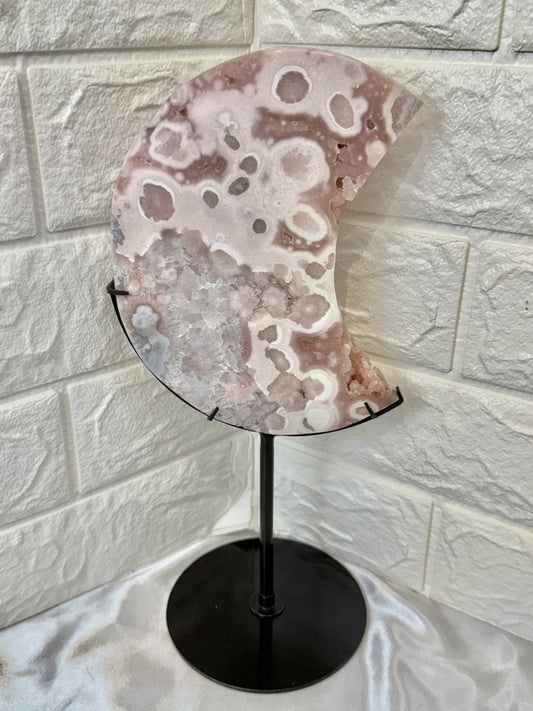 Insane XL pink amethyst x flower agate moon on custom stand with druzy