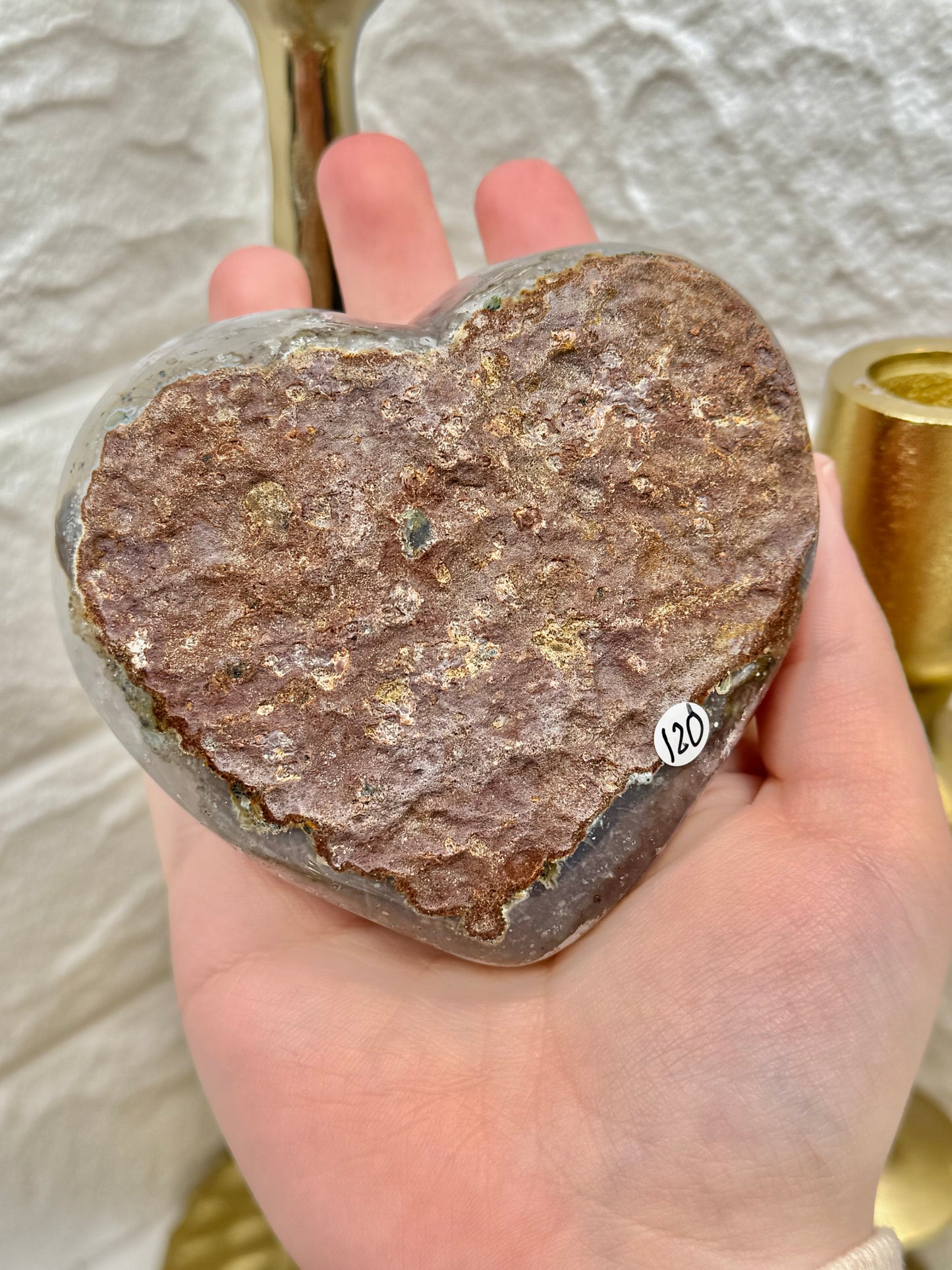 Amazing champagne amethyst heart with quartz on gold stand from Brazil