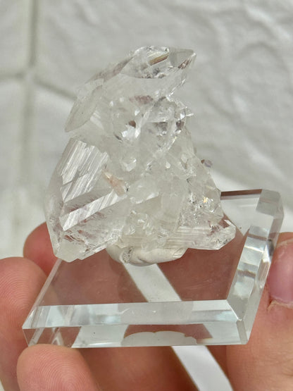 1 diamond apophyllite on stand with red stillbite from India