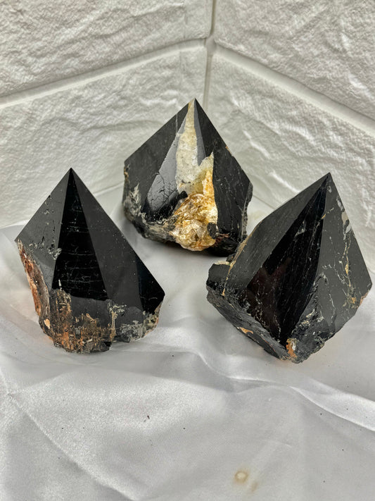 1 black tourmaline, mica, and quartz top polished point from Brazil