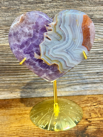 You pick! Amethyst x crazy lace agate heart on gold zodiac stand