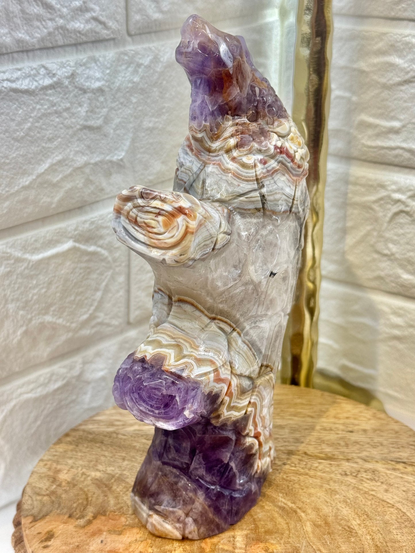 Insane statement amethyst x crazy lace agate lizard on tree branch carving