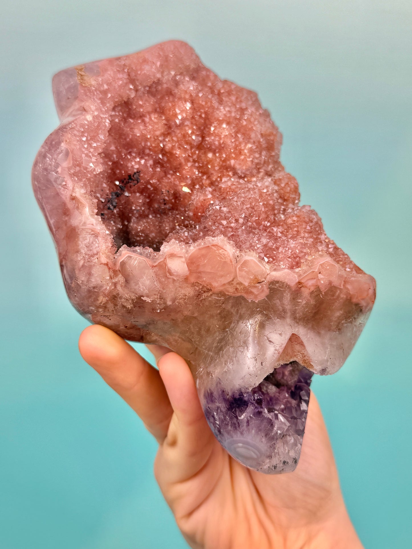 Collectors!! Orange encrusted purple amethyst with calcite inclusion from Uruguay on stand