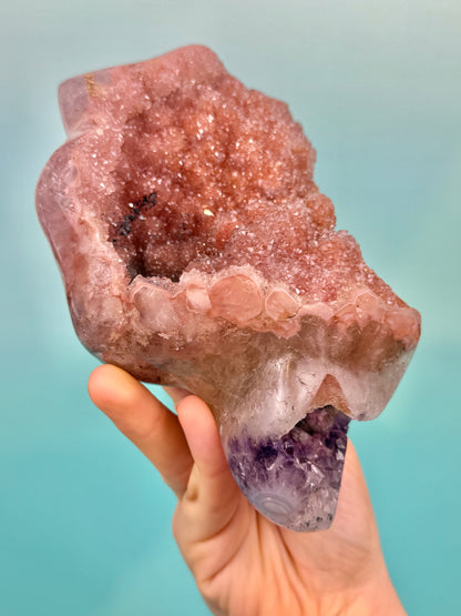Collectors!! Orange encrusted purple amethyst with calcite inclusion from Uruguay on stand