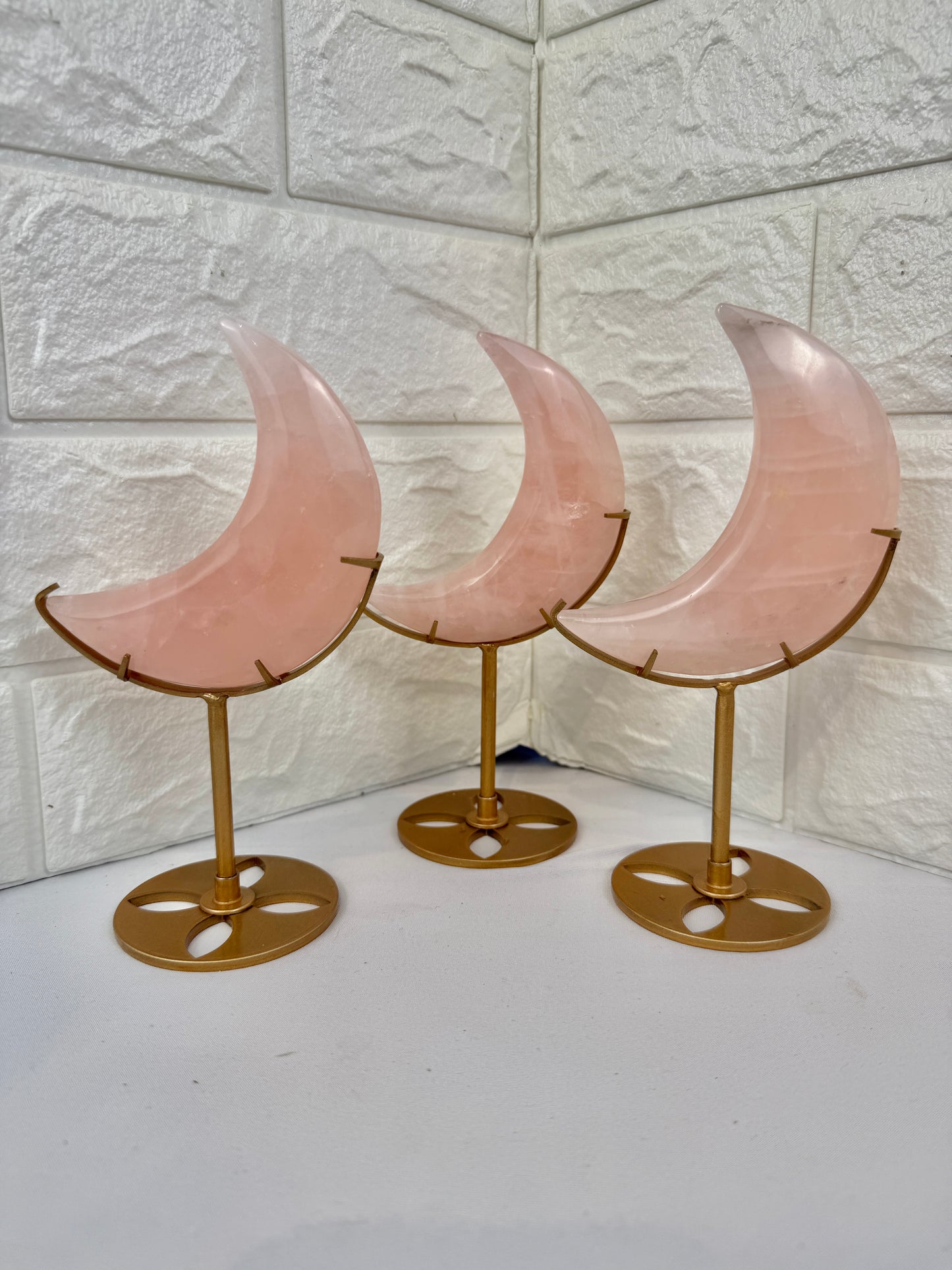 1 juicy rose quartz moon on gold stand